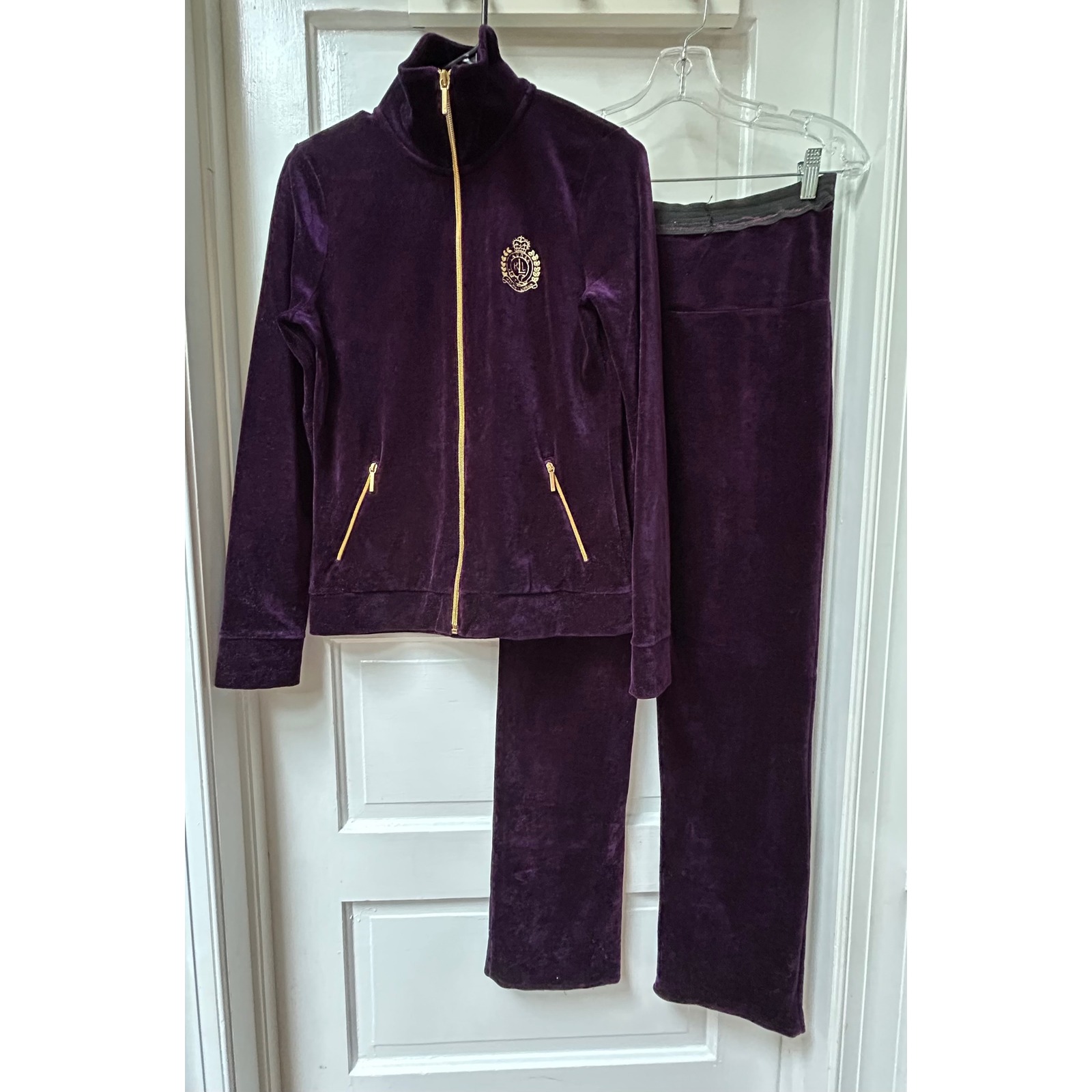 Lauren Ralph Lauren Purple Velour Crest Zip Jacket And Pants Tracksuit Set S/Pxs